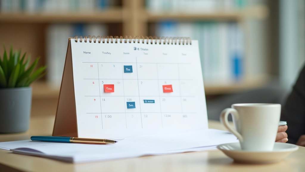 Calendar on desk showing time blocks and scheduled focus sessions with coffee cup nearby