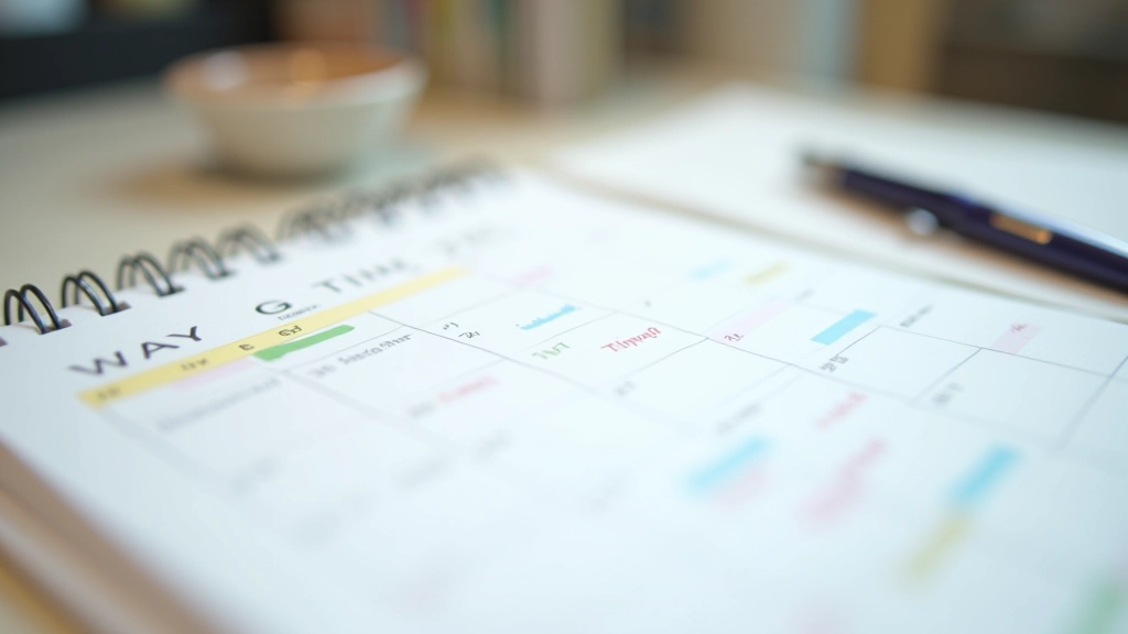 Calendar with marked dates and time blocks, color-coded schedule, planning notebook, pen nearby, organized desk, crisp detail