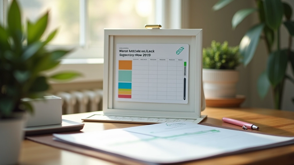 Desk with time-blocked schedule, organized workspace, productivity system visible, morning light, sharp focus