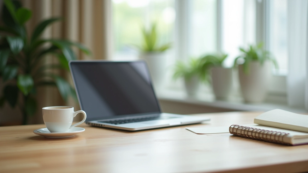 Freelancer in modern workspace, focused work environment, natural light from window