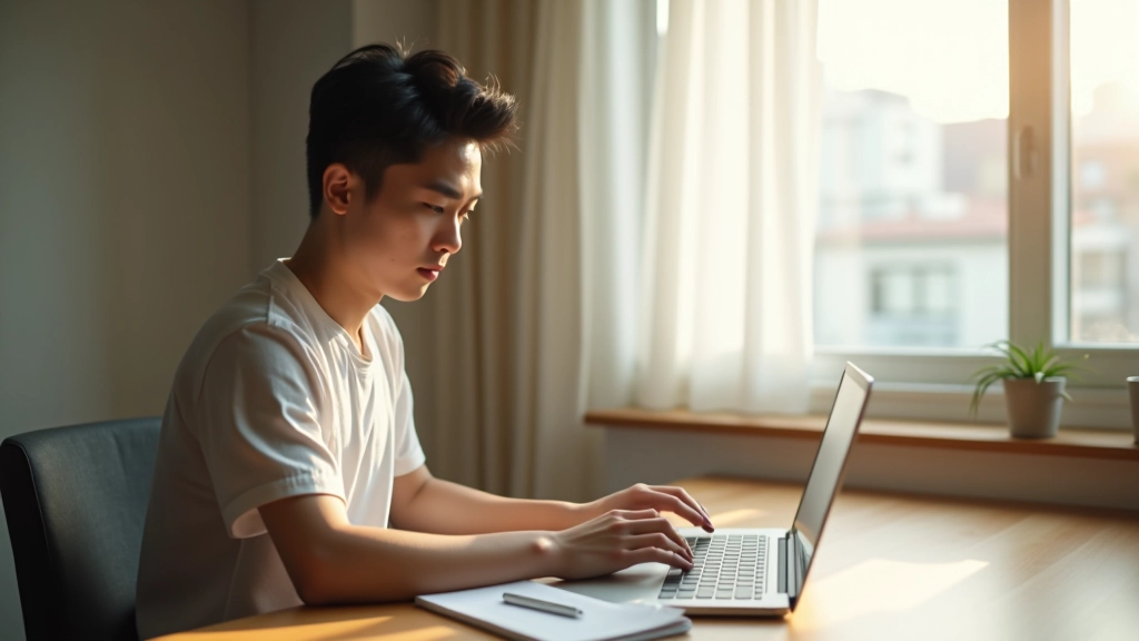 Person sitting at a desk with a laptop, notebook, and minimal distractions, morning light streaming through the window