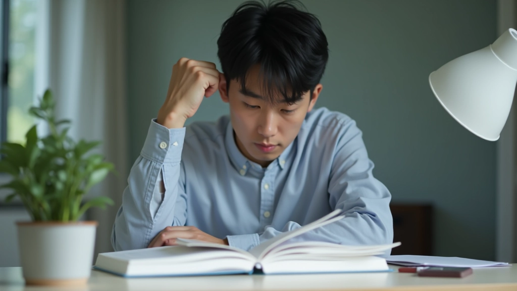 Person concentrating at desk with books and notes, focused expression, natural light, clean workspace