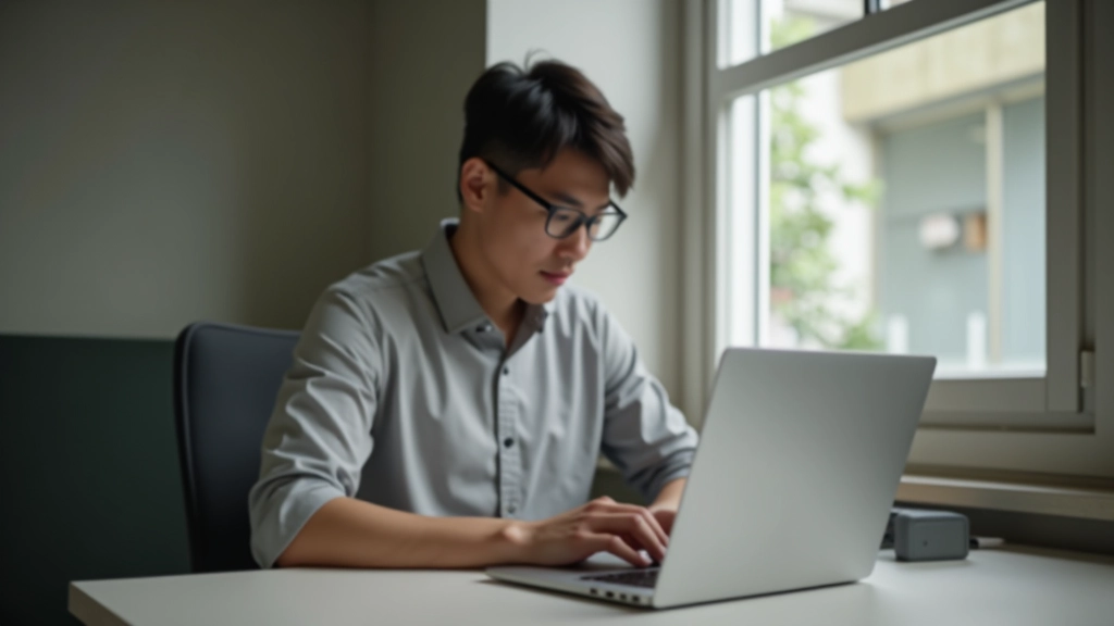 Person focused at desk working on laptop with minimalist workspace