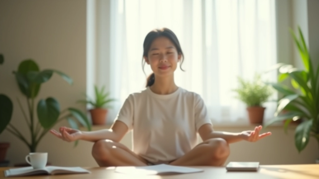 Person meditating in a calm workspace with natural light, minimalist desk setup, focused expression, peaceful environment