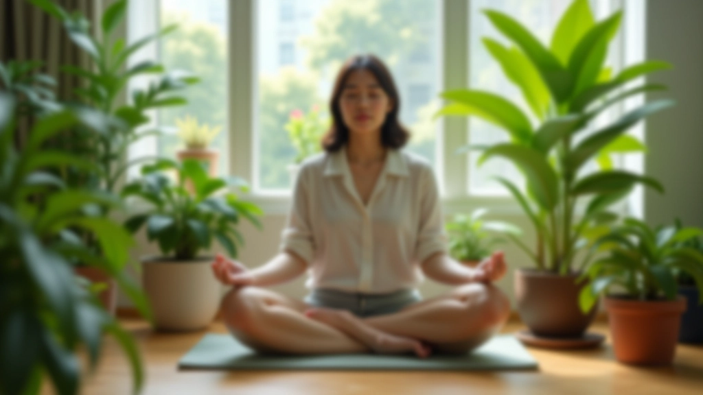 Person meditating in calm environment with plants and natural light, peaceful workspace