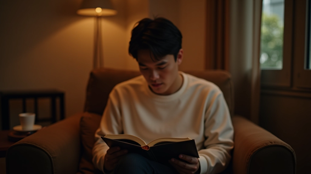 Person reading a physical book in a comfortable chair, warm interior lighting, cozy home setting, relaxed posture, coffee nearby