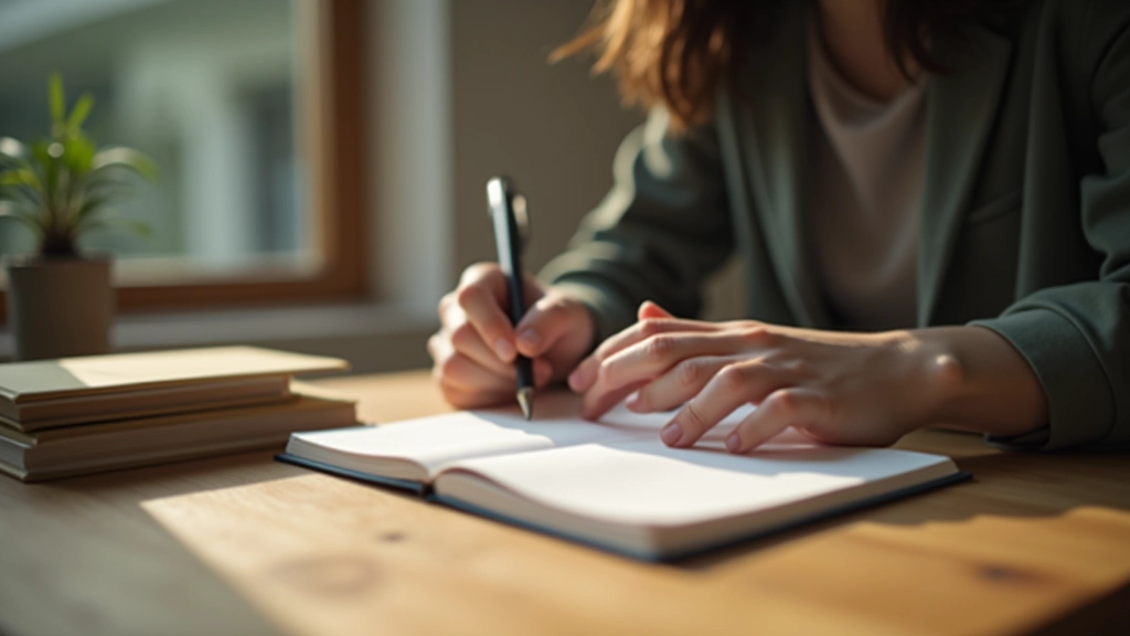 Person taking notes in a journal at wooden desk, natural sunlight, peaceful expression, minimalist setup, sharp focus