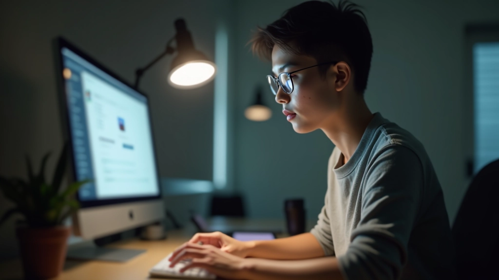 Person with focused expression at desk, hands on keyboard, bright focused workspace lighting