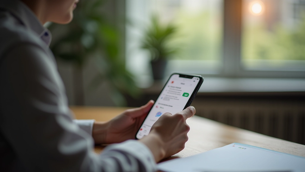 Person working at desk with smartphone showing notification alerts, minimalist workspace, natural morning light