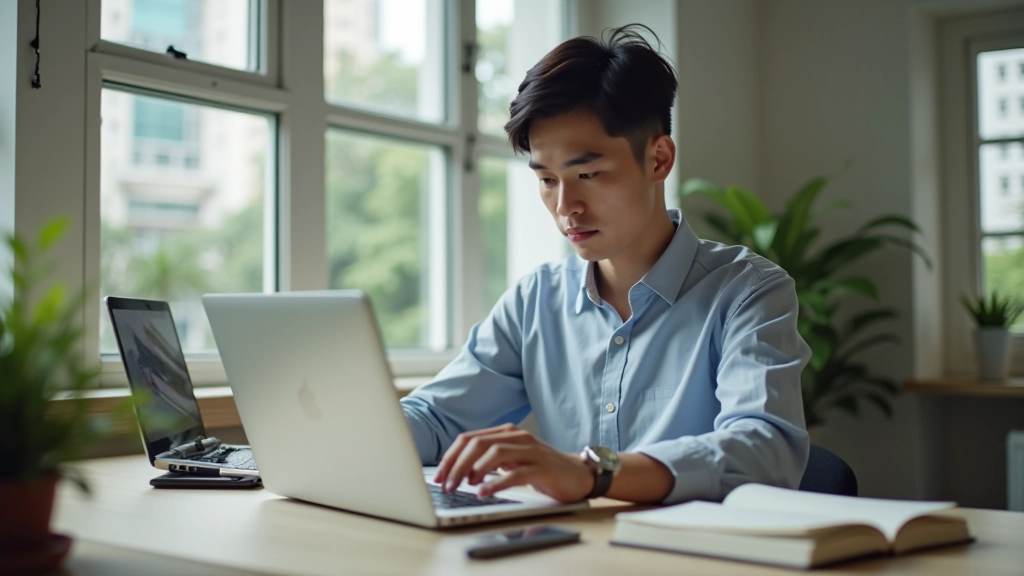 Freelancer working with focused attention at organized workspace